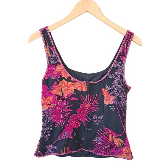ANDRETTA DONATELLO Silk Beaded Tropical Floral Sleeveless Top Small Black Pink - Picture 9 of 9